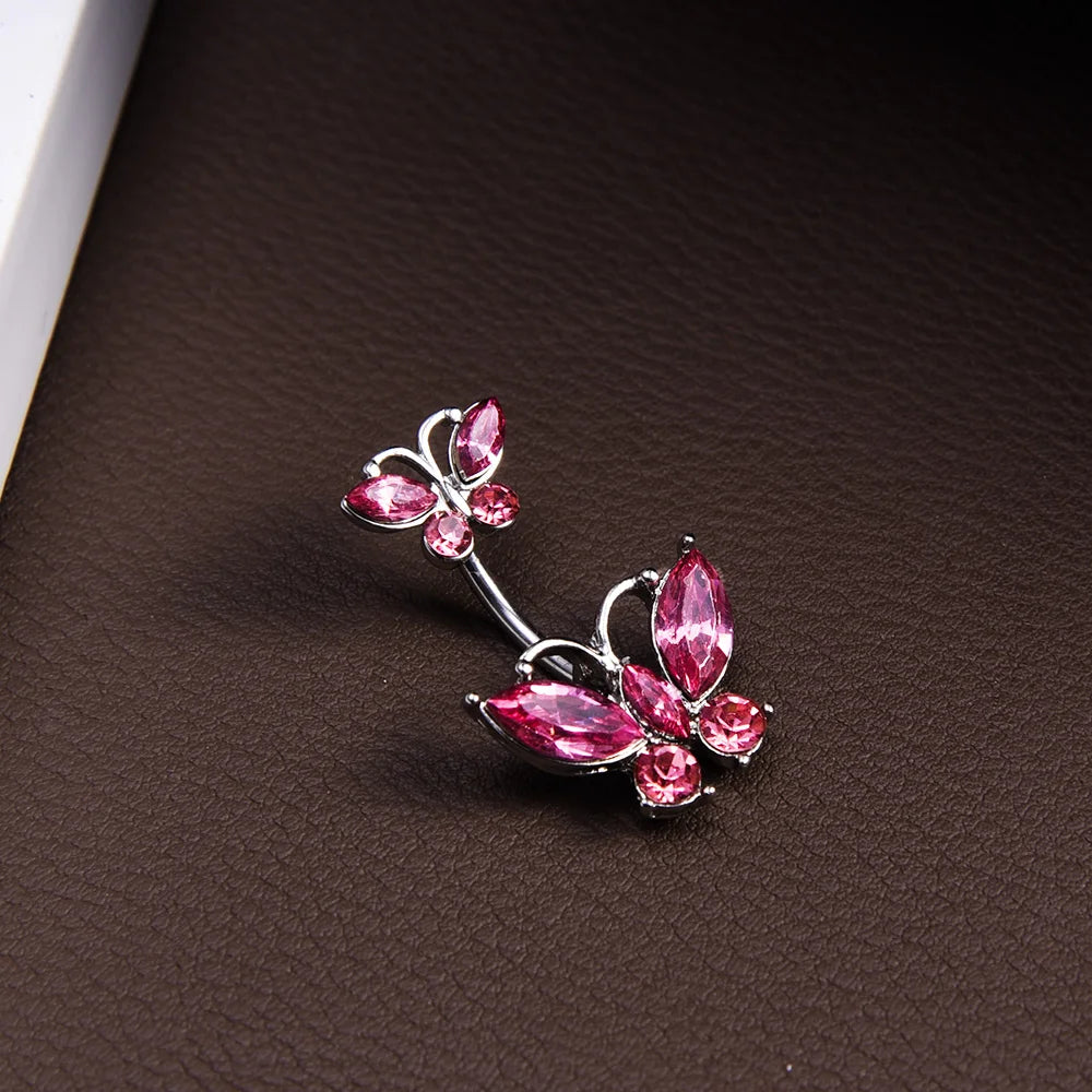 Steel Belly Button Rings Pink Crystal Piercing