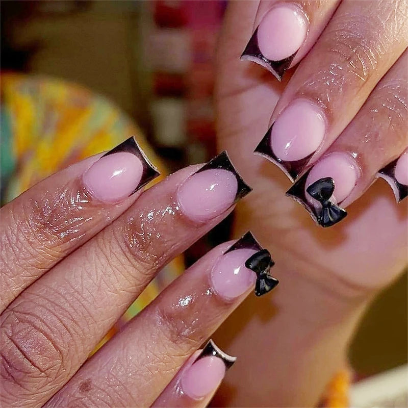 White French Press on Nails 3D Bowknot Fake Nails