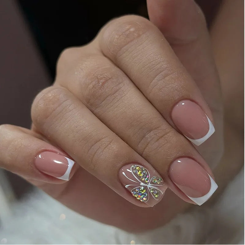White French Press on Nails 3D Bowknot Fake Nails