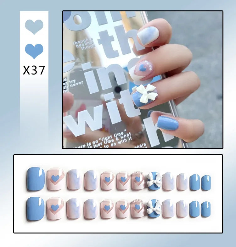 24Pcs French With Drill Short Fake Nails Press On Nail Tips