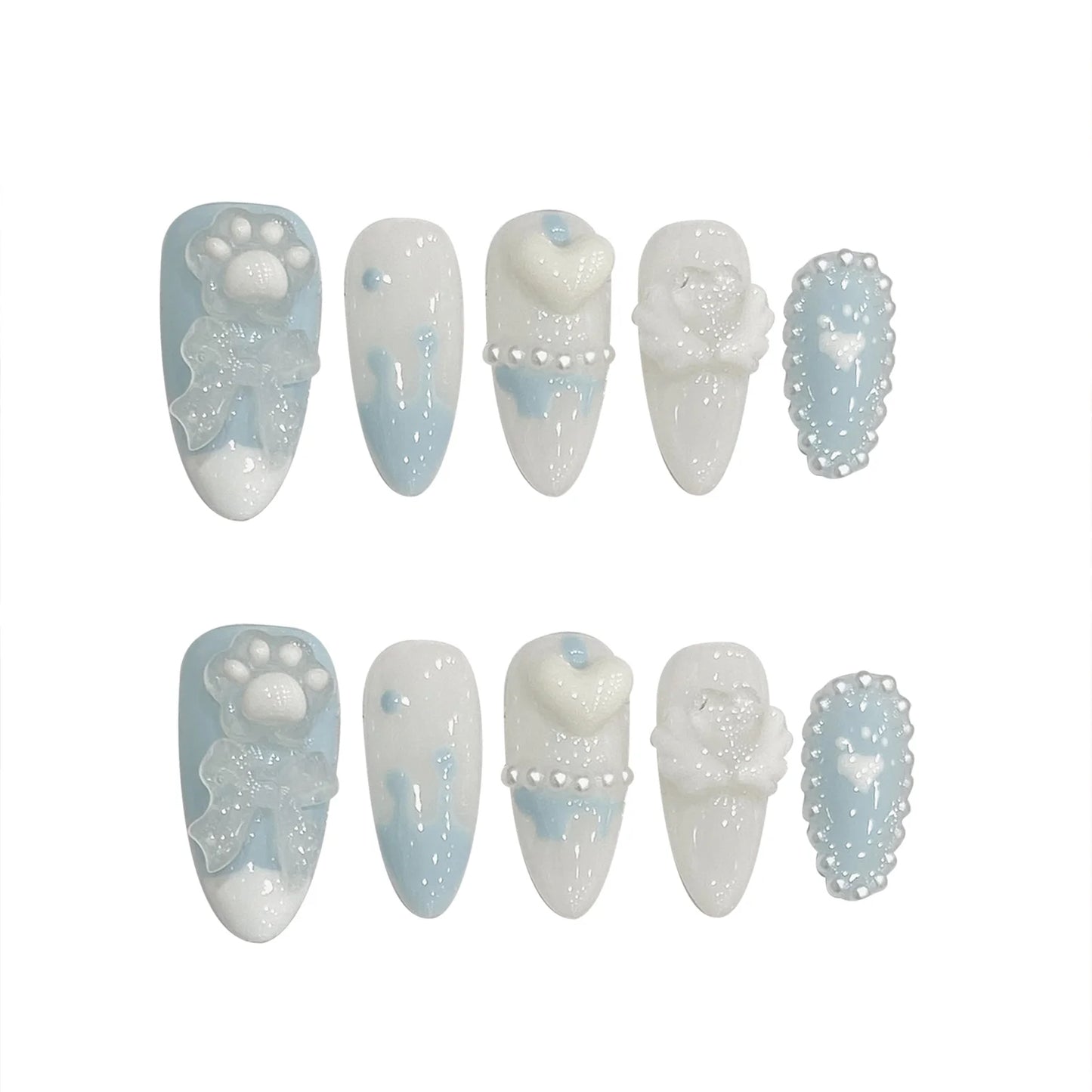 Handmade Press on Nails with Cute Bear Paw Design Light Blue Fake Nails Full Cover Wearable Sweet Korean Almond False Nail Tips