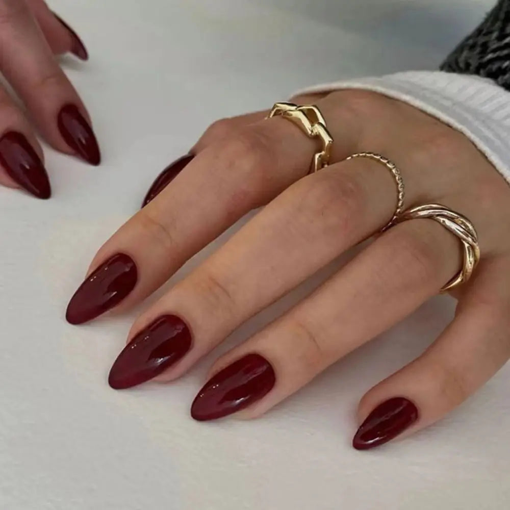 24Pcs Long Almond False Nails French Cherry Red