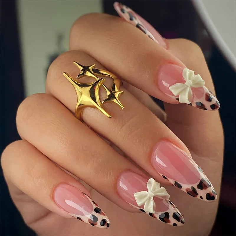 24Pcs Pink French Style Fake Nails 3D Bowknot