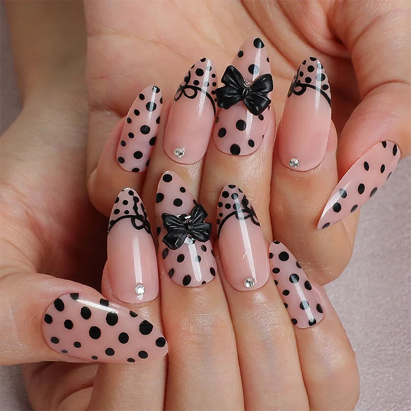 24Pcs Pink French Style Fake Nails 3D Bowknot