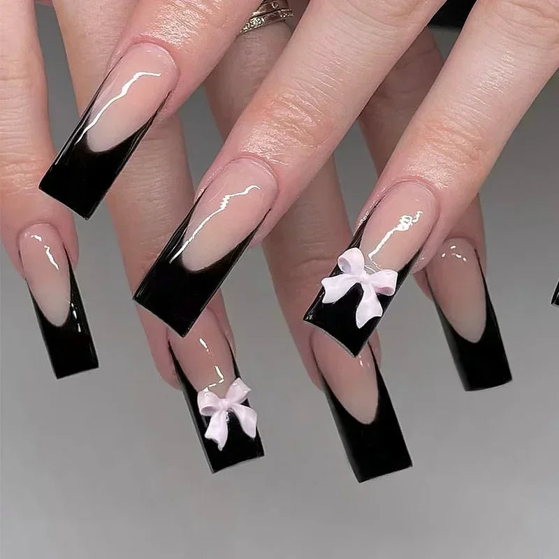 24pcs Press on Nails Short Almond Bowknot Black Press on Nails