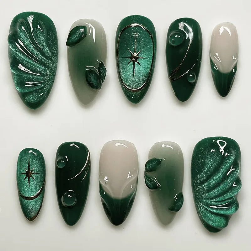 Blue Almond Press on Nails with 3D Pearl Design Mid-length Oval False Nails Tips Bow Pattern Wearable Fake Nail for Women