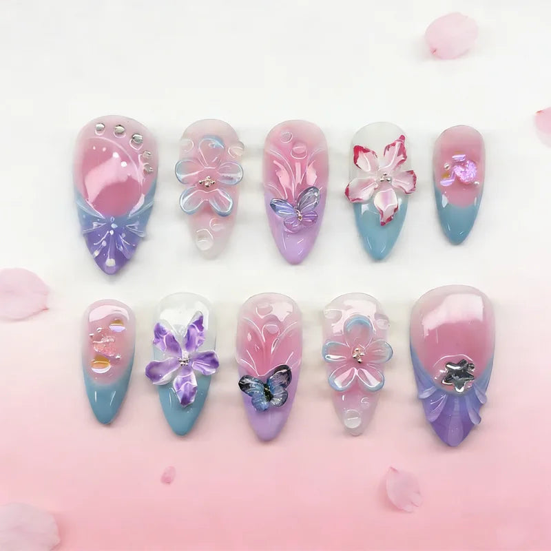 Gentle Nude Pink Press on Nails with 3D Flower