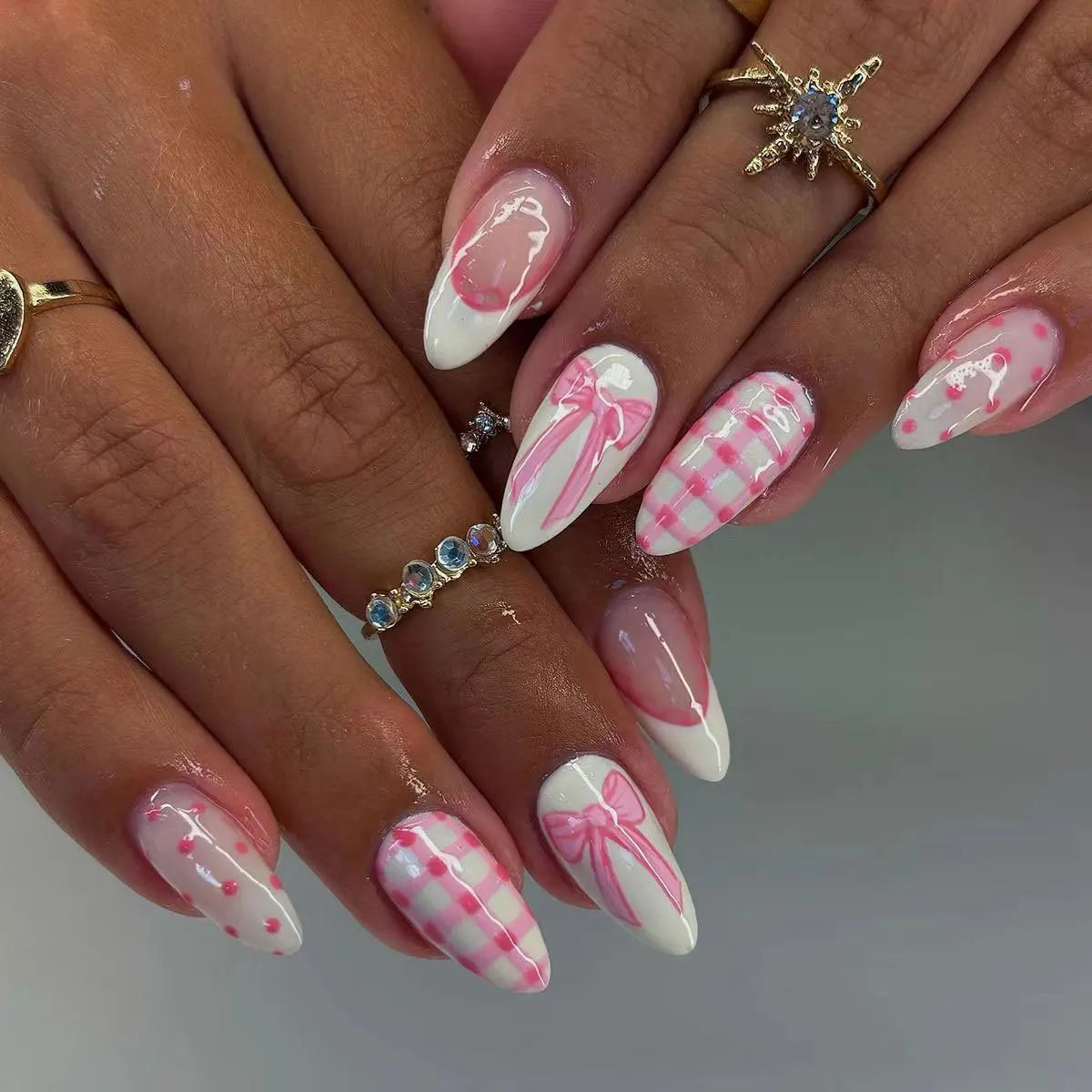 White French Press on Nails 3D Bowknot Fake Nails
