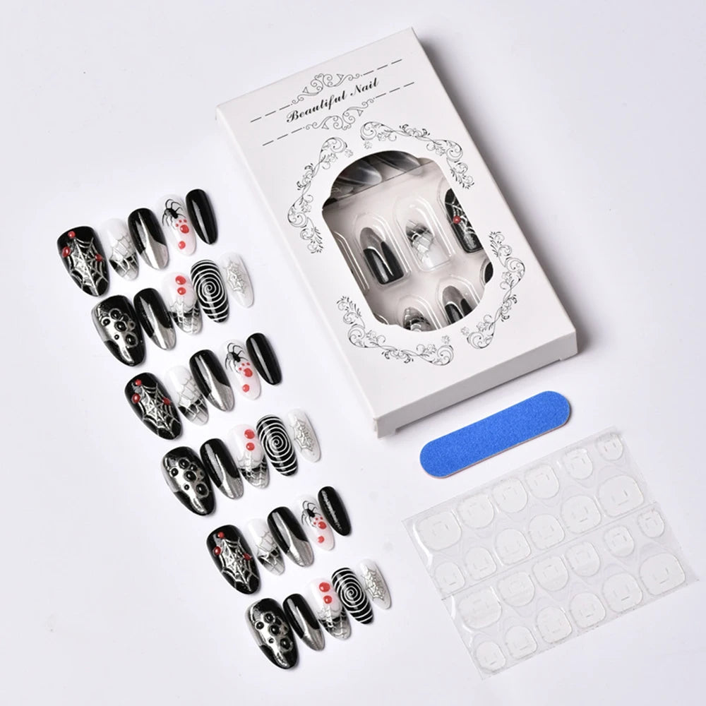 30pcs/Box Spider Web False Nails French Tips Halloween Press on Nails Medium Almond  Women Holiday Decoration Full Cover Tips