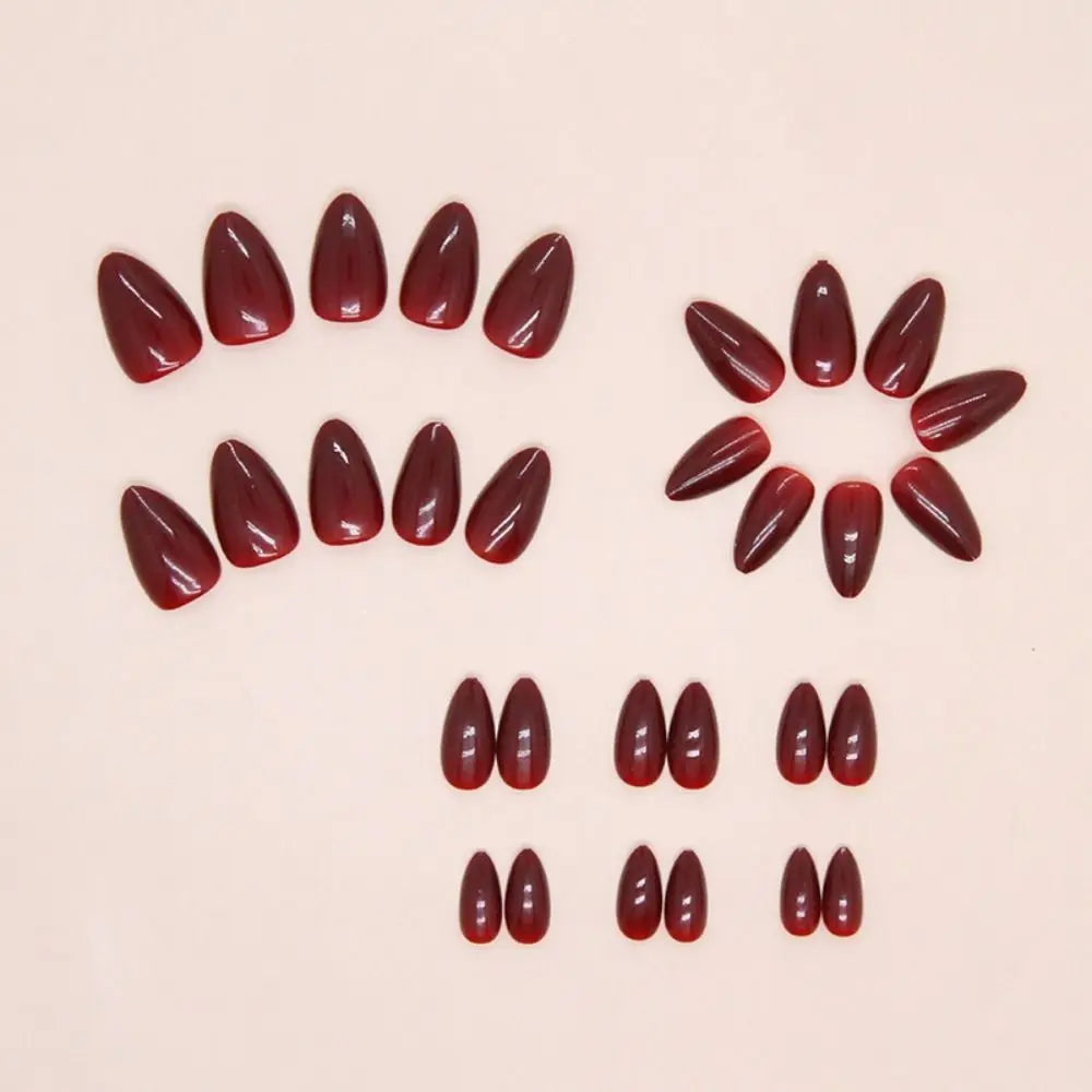 24Pcs Long Almond False Nails French Cherry Red