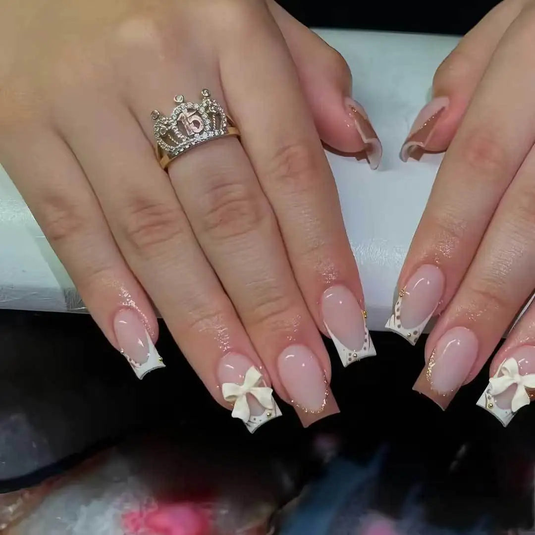 White French Press on Nails 3D Bowknot Fake Nails