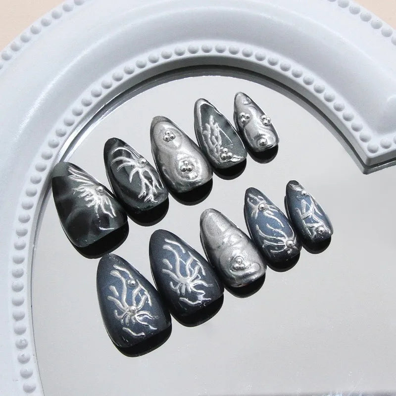 24Pcs Dark Press on Fake Nails with Black Glitter