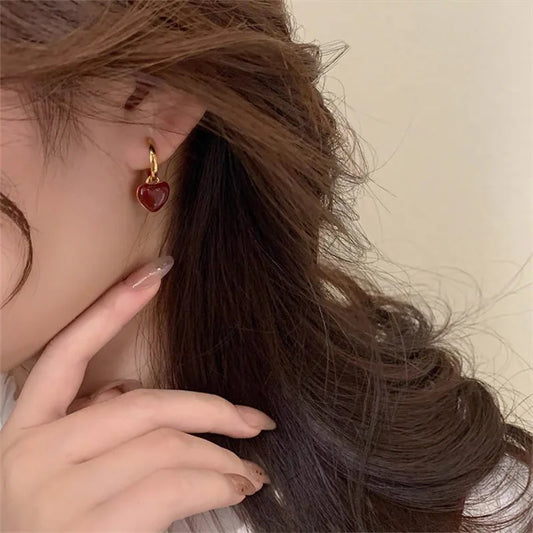 Simple Design Wine Red Love Heart Dangle Earrings