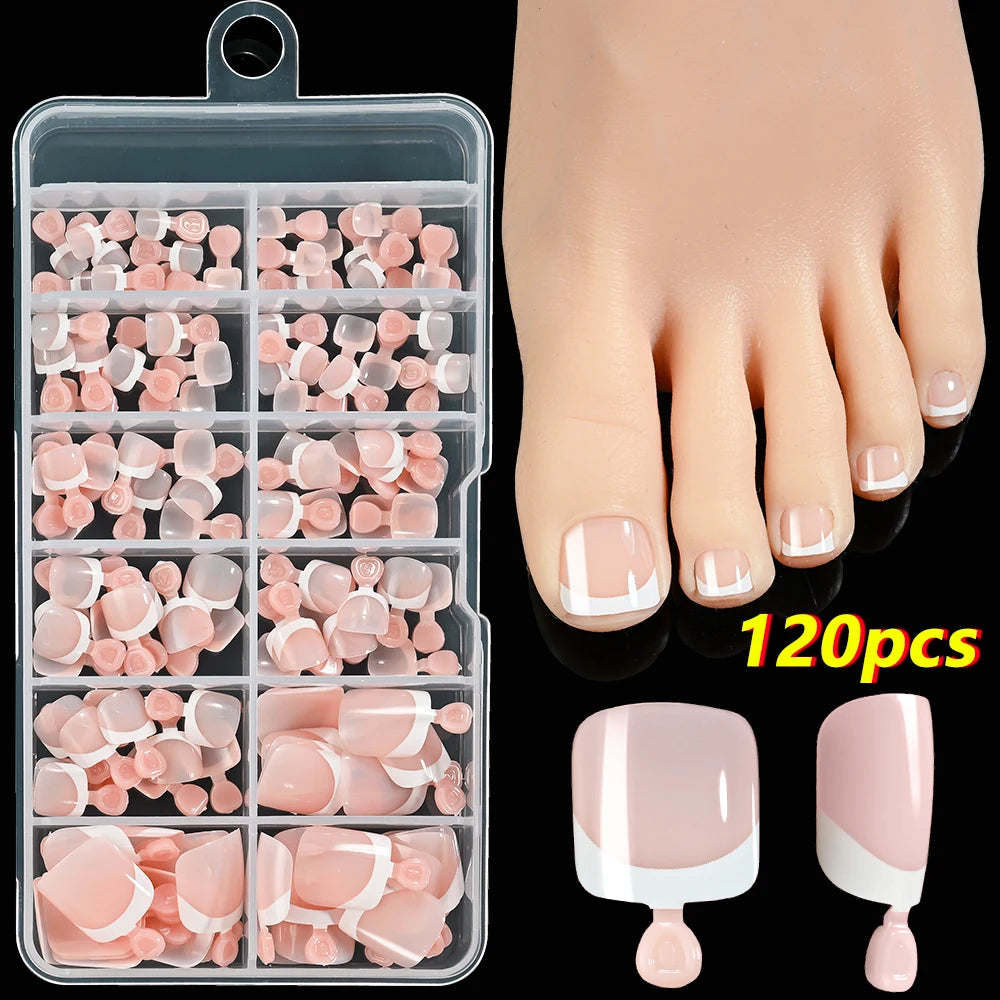 120Pcs Pink French Short Square Fake Nails