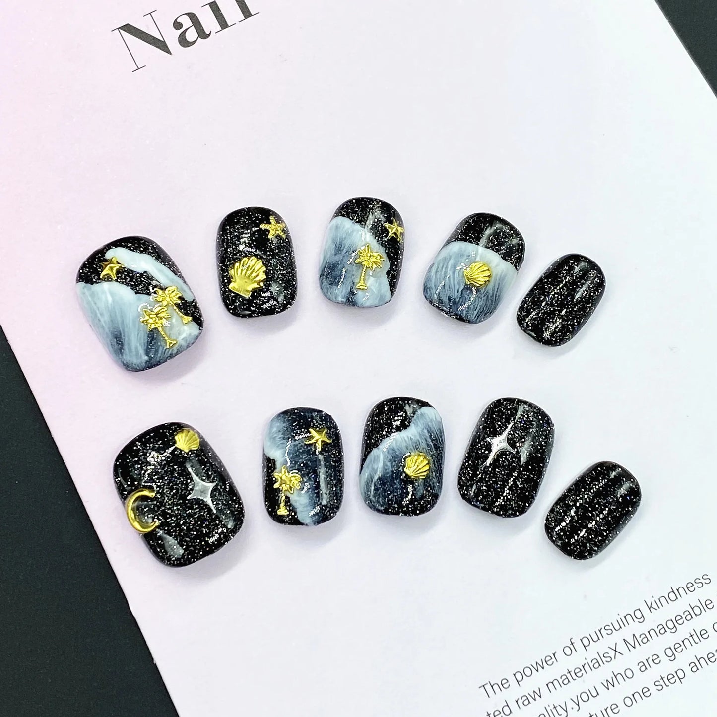 Handmade Press-On Nails Blue Glossy Fish & Bubbles Design