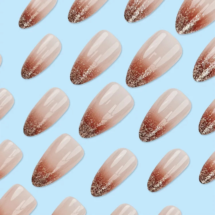 24Pcs Almond Fake Nails with Shimmery Powder