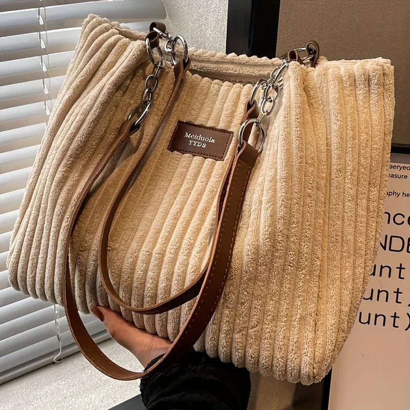 Stylish Corduroy Tote Bag for Women, Large Capacity Plush Shoulder Bag