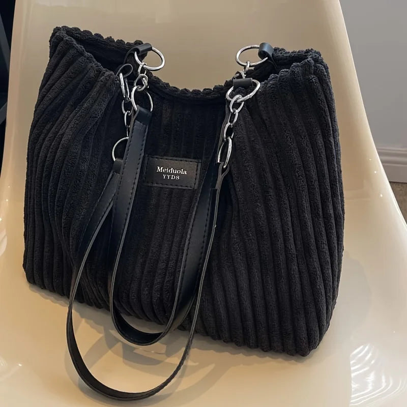 Stylish Corduroy Tote Bag for Women, Large Capacity Plush Shoulder Bag