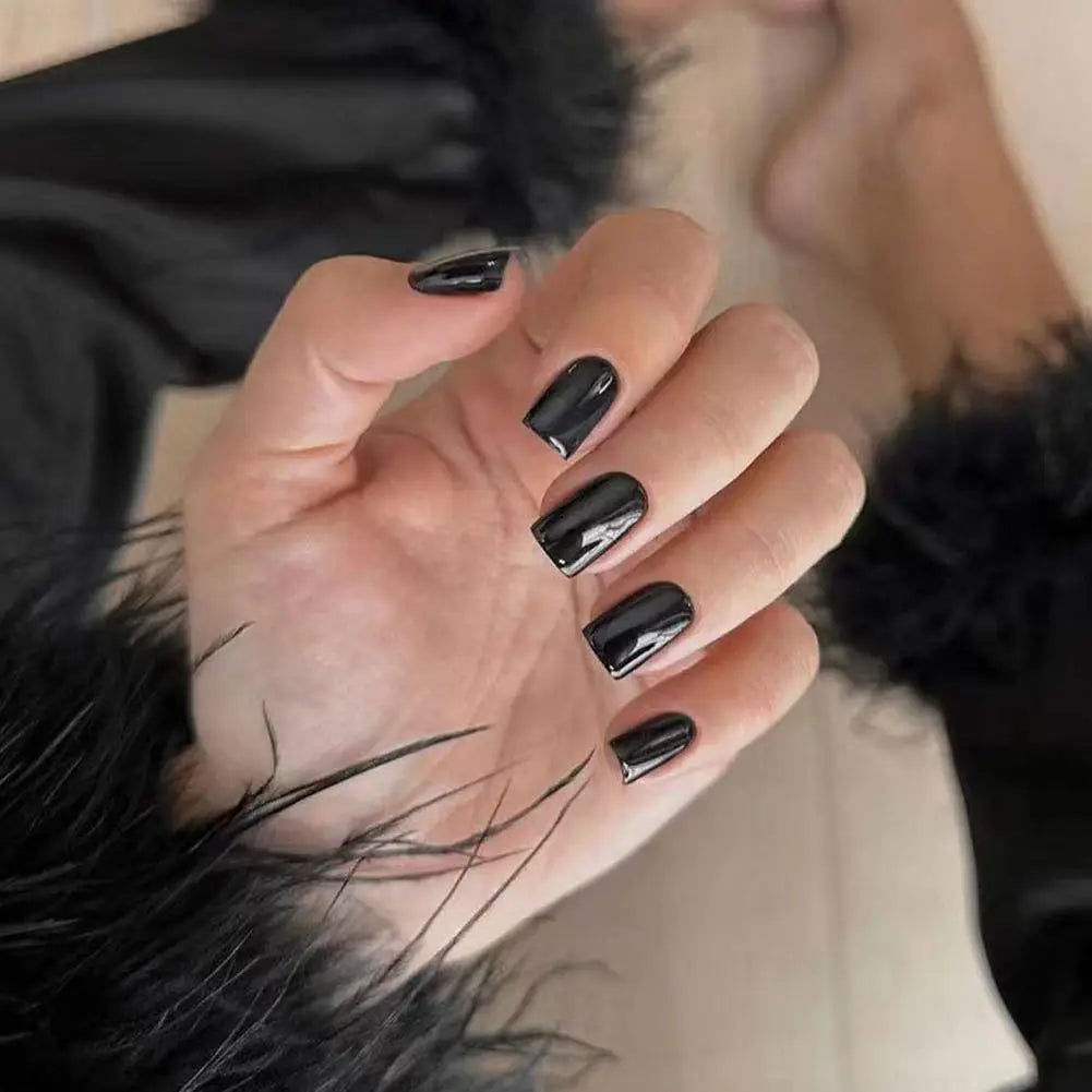 24pcs Black Square Press on Nails Medium Long Fake Nails, 12 Sizes Glossy Acrylic Nails Press on Square Nails Tips Fake Nail Set