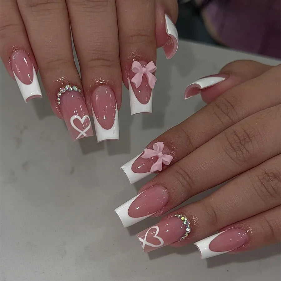 White French Press on Nails 3D Bowknot Fake Nails